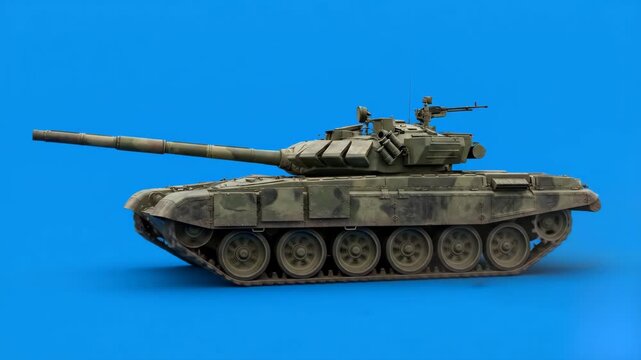 A heavy military combat tank with a green and brown camouflage pattern moving in place. The wheels and continuous tracks rotate rapidly against a solid blue screen chroma key background, designed for 
