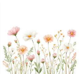 Fototapeta premium Watercolor illustration of delicate wild flowers in pastel colors.