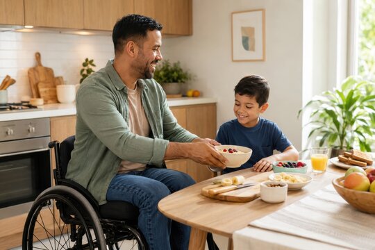 wheelchair-using father prepares a healthy breakfast for his young son at the kitchen table, highlighting disabled parenting, family care, routine support and joyful home life