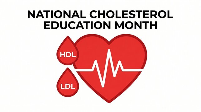 National Cholesterol Education Month banner, red heart with heartbeat line and blood drops, HDL and LDL cholesterol awareness concept