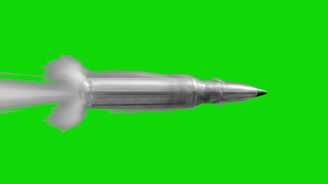 A unique side profile of a silver metal bullet deformed and flattened upon impact, spinning or flying through the air. This realistic 3D ballistics asset with engraved details is isolated on a solid g