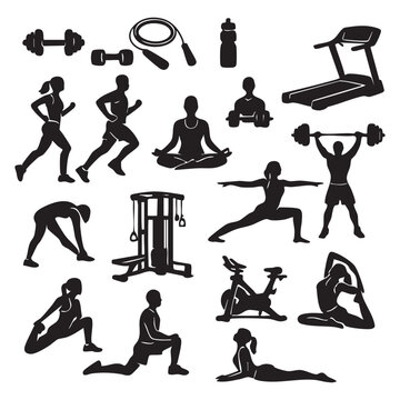Fitness Gym Workout and Yoga Poses Vector Silhouette Elements Set