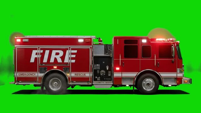 A side view of a classic red and white emergency fire engine truck driving forward with flashing warning lights. This detailed 3D rescue vehicle asset with "FIRE" lettering is isolated on a bright gre