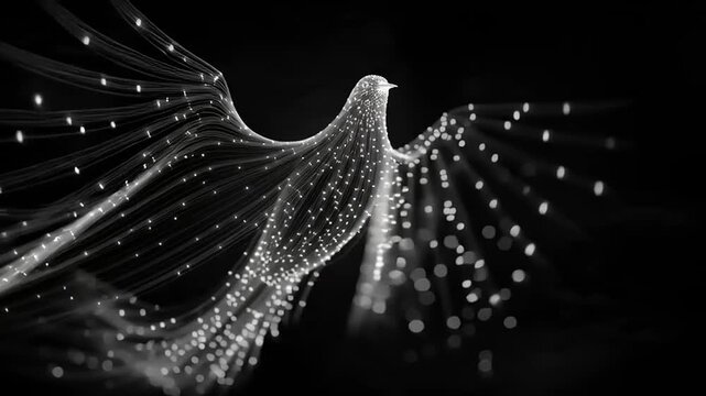 A futuristic 3D rendered bird takes flight with sparkling particles trailing behind it in a dark environment.