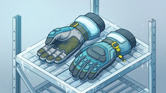 Gloves rest on a shelf inside a cold storage area showcasing safety equipment used in refrigerated warehouse tasks during various operations.