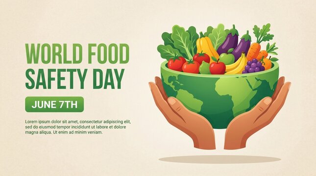 World Food Safety Day banner with hands holding globe bowl, fresh organic vegetables and fruits for June 7th, healthy global nutrition concept