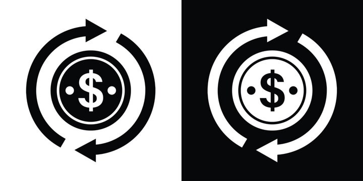 Dollar currency coin inside cash flow rotation arrows vector icon. Money circulation, financial turnover, revenue cycle, return on investment, and cashback concept graphic.