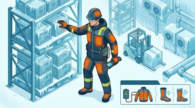 A worker wearing safety gear inspects boxes in a cold storage area while checking inventory with a handheld device for proper safety standards.