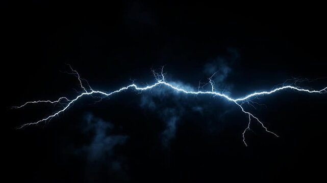 Blue lightning bolt across dark storm clouds with electric energy and dramatic thunder effect