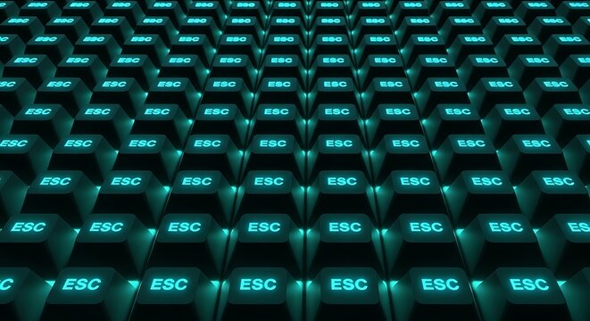 Rows of glowing turquoise ESC keys in a dark digital pattern
