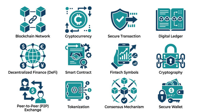 Cryptocurrency and Blockchain Technology Icons.