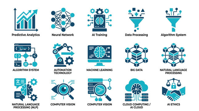 Icons of data science concepts.