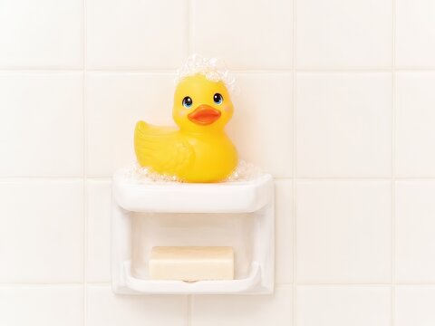 Cute Rubber Duck with Soap Bubbles in Bright Bathroom 