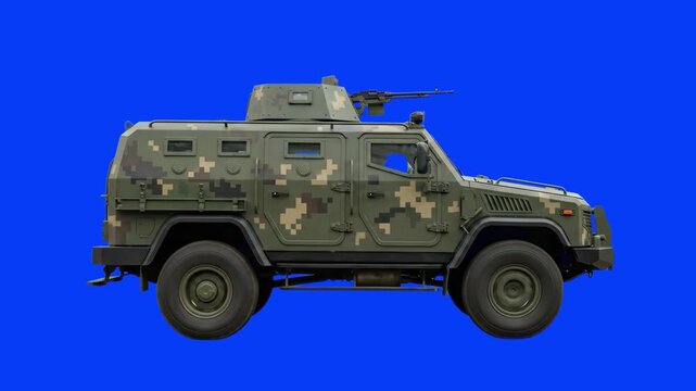 An armored military vehicle featuring a modern digital pixel camouflage pattern drives forward against a solid blue chroma key background. This side-view transportation asset is designed for easy comp