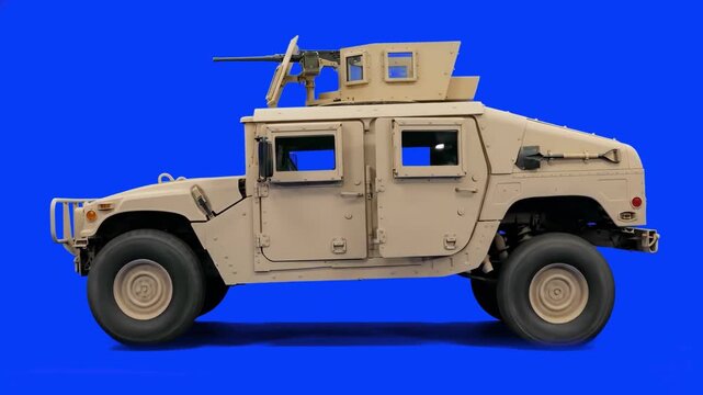 A highly detailed 3D rendering of a desert-tan military Humvee tactical vehicle moving horizontally against a solid blue screen. This asset is well-suited for military-themed projects, defense news, a