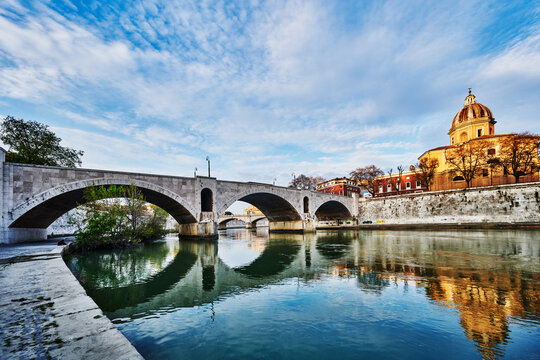 The Ponte Sisto, a historic pedestrian bridge spanning the Tiber River in Rome, Italy, Europe