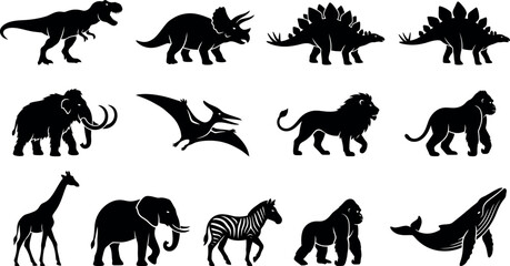 Vector Animal Silhouettes Set Dinosaurs, Prehistoric Creatures and Wild Wildlife Icons © MirzaAsmaul