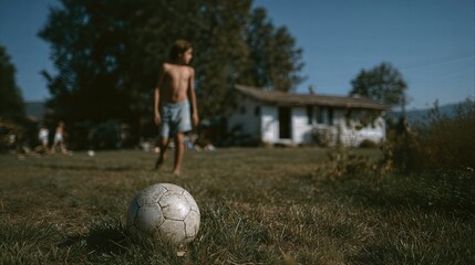 Naklejka premium Bare-chested boy ready to kick soccer ball on grassy lawn near white cottage. Children playing outdoors in rural backyard with trees and blue sky. Youth sports and summer recreation concept.