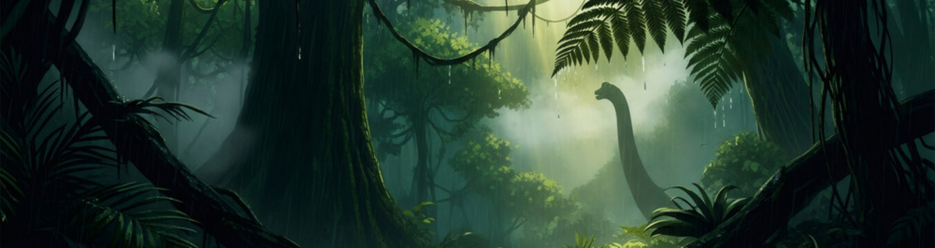Diplodocus dinosaur silhouette in a prehistoric Jurassic jungle forest during a rainstorm. Ancient wildlife and primeval nature concept. Banner with copy space