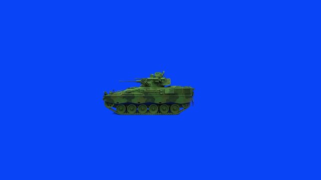 A realistic 3D model of a camouflaged military armored personnel carrier (APC) driving in profile against a blue screen. This vehicle asset is perfect for modern warfare simulations, military document