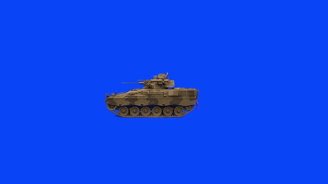 A realistic 3D model of a camouflaged military armored personnel carrier (APC) driving in profile against a blue screen. This vehicle asset is perfect for modern warfare simulations, military document