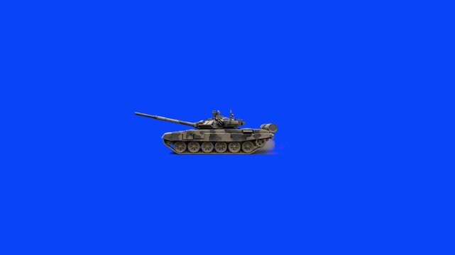 A highly detailed 3D model of a T-90 military tank with realistic tracks moving steadily across a solid blue backdrop. This pre-keyed combat vehicle asset is perfect for military history explainers, v