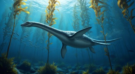 Plesiosaur swimming among tall kelp forest in deep blue ocean. Prehistoric marine reptile of the Jurassic period. Ancient life concept.
