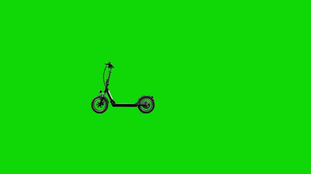 A sleek, modern black electric kick scooter stands isolated against a solid green screen background. This high-density 3D asset is perfectly optimized for smart urban mobility advertisements, eco-frie