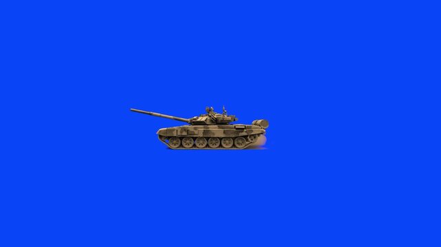 A highly detailed 3D model of a T-90 military tank with realistic tracks moving steadily across a solid blue backdrop. This pre-keyed combat vehicle asset is perfect for military history explainers, v