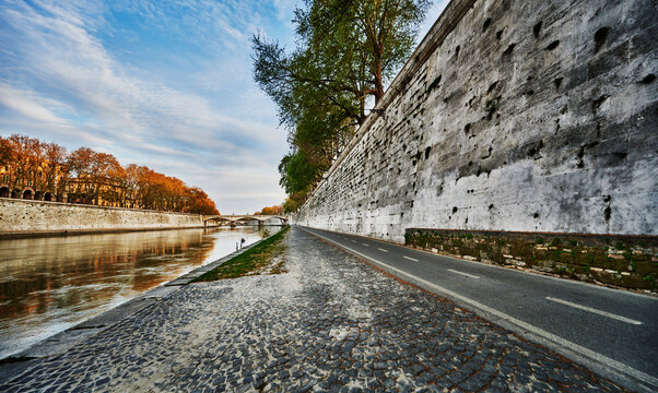 pedestrian and bicycle path running alongside the Tiber River in Rome, Italy, Europe