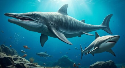 Fototapeta premium Large ancient marine reptile swimming with sharks in blue deep ocean. Prehistoric underwater life. Extinct animal concept.