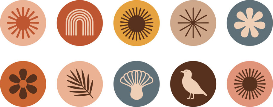 Collection of abstract graphic elements in circles depicting nature and symbols in boho style