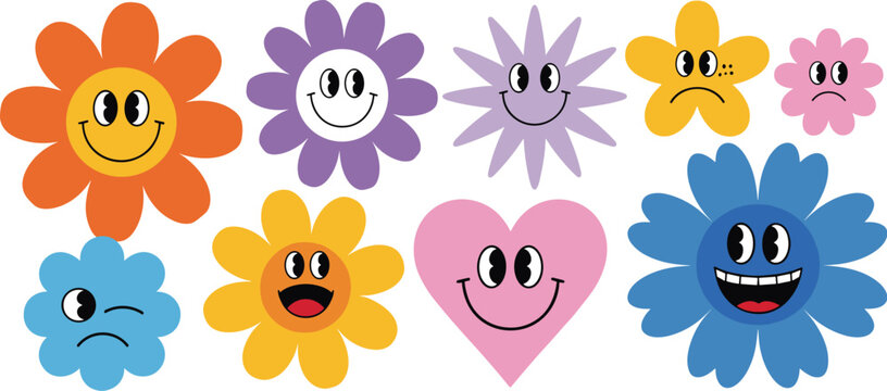 Collection of cute cartoon flowers and heart shapes with diverse facial expressions on a white background
