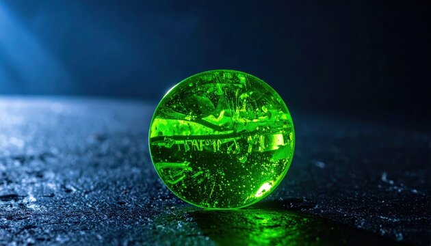 Vibrant green uranium glass exhibiting intense fluorescence under UV light on a textured dark surface