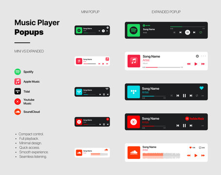 Spotify, Apple Music, Tidal, YouTube Music and SoundCloud music player popup collection with mini player and expanded audio streaming interface templates