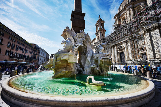 The Fontana dei Quattro Fiumi (Fountain of the Four Rivers), built in 1651, a famous Baroque fountain located in Piazza Navona in Rome, Italy, Europe