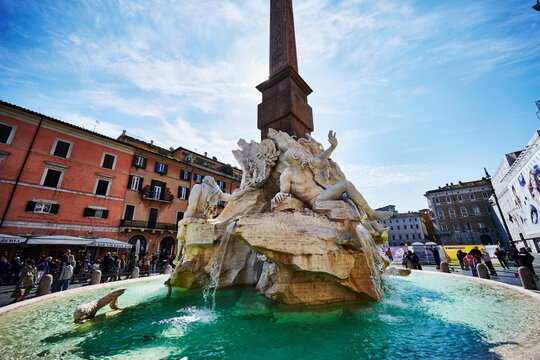 Fountain of the Four Rivers (Fontana dei Quattro Fiumi)  built in 1651, and the Obelisco Agonale located in the center of Piazza Navona in Rome, Italy, Europe