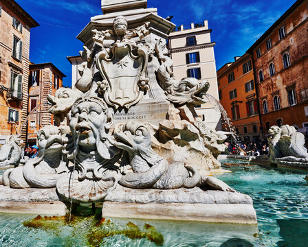 portion of the Pantheon Fountain (Fontana del Pantheon) built in 1575 in the Piazza della Rotonda, Rome, Italy, Europe
