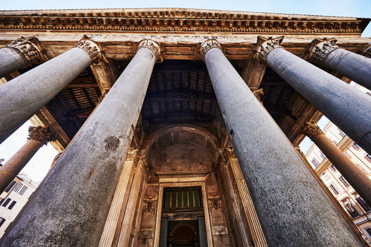 low-angle perspective of the portico of the Pantheon (125&ndash;128 AD) a remarkably preserved ancient Roman temple, Rome, Italy, Europe