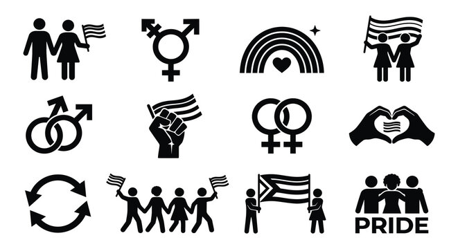 lgbtq pride icons set black silhouettes on white background
