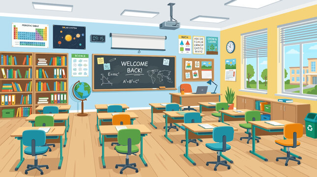 School desks and chairs in classroom.