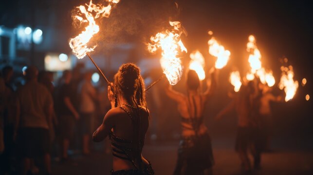Fire dancers performing with flaming torches during nighttime festival celebration creating dramatic entertainment scene with glowing lights and atmosphere