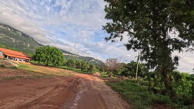 Driver's viewpoint on the dirt road of Serrado Park in Porteirinha, Minas Gerais, Brazil