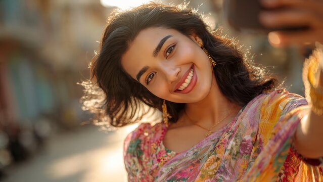 Smiling woman taking a selfie outdoors in vibrant ethnic attire