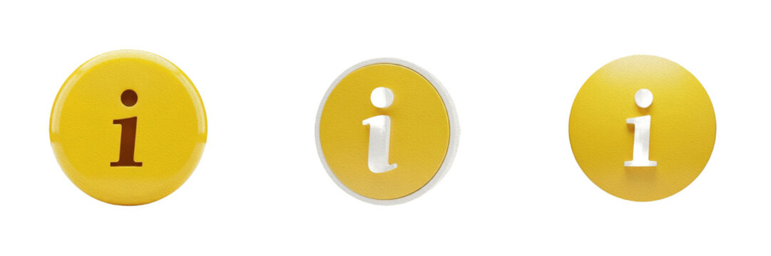 Set of Yellow Round Information Icon with White Letter I, Isolated on Transparent Background
