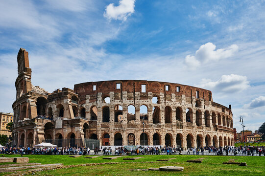 Architectural detail of the Colosseum, completed in 80 AD, the largest ancient amphitheatre ever built, located in the centre of Rome, Italy, Europe 