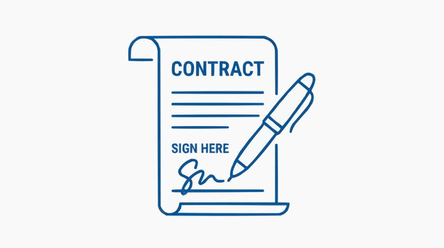 A document with the word CONTRACT and a pen ready to sign