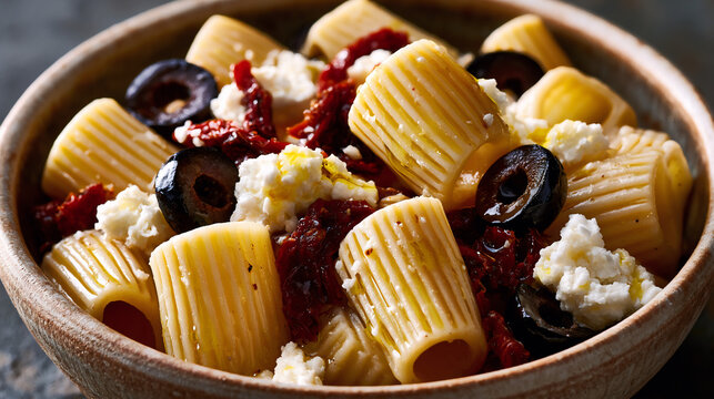 Mediterranean rigatoni pasta with sun-dried tomatoes, crumbled feta cheese, and kalamata olives