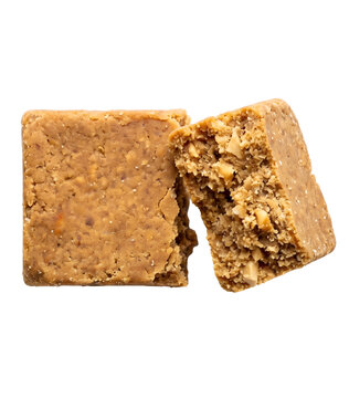 Brazilian Pa&ccedil;oca Square Peanut Candy Broken in Half Showing Crumbly Interior, Two Pieces Perspective View, Transparent Background &mdash; Traditional Festa Junina Sweet PNG Cutout