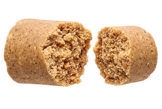 Brazilian Pa&ccedil;oca Rolha Broken in Half Showing Crumbly Peanut Interior, Cylindrical Shape, Transparent Background &mdash; Traditional Festa Junina Sweet PNG Cutout